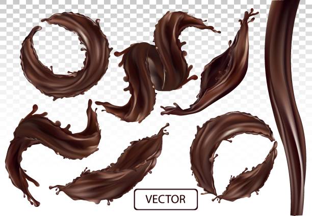 illustrazioni stock, clip art, cartoni animati e icone di tendenza di spruzzata realistica di cioccolato 3d. cioccolato fondente con torsione con goccia su sfondo trasparente. impostare l'illustrazione vettoriale - chocolate cocoa hot chocolate backgrounds