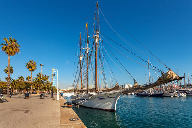 BARCELONA, SPAIN - JANUARY 13, 2015: View of promenade and Santa Eulalia - three-masted schooner built in 1918 under the name Carmen Flores. It was bought and renamed by Maritime Museum of Barcelona in 1997.