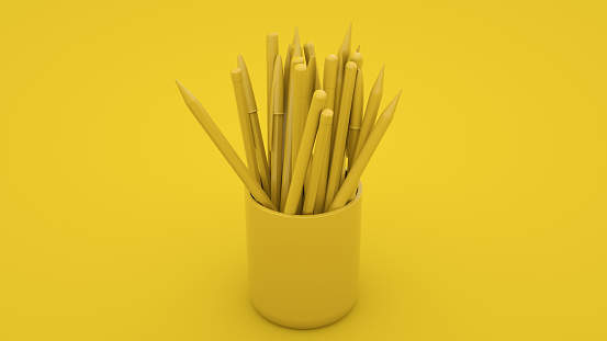 Pencil holder isolated on yellow background 3d rendering.