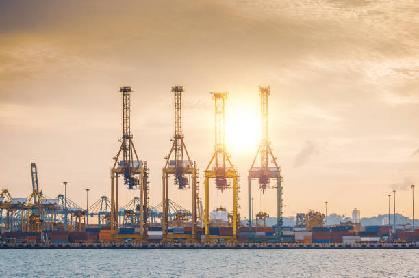 istock Logistics and transportation of Container Cargo ship and Cargo working crane bridge in shipyard singapore 1209910947