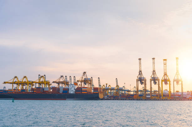 istock Logistics and transportation of Container Cargo ship and Cargo working crane bridge in shipyard singapore 1209910982