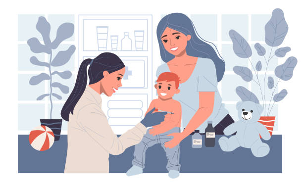 Positive pediatrician vaccinating cute child Positive pediatrician vaccinating cute child in medical office. Kid doctor making injection of vaccine to toddler boy. Vector illustration for immunity health, disease prevention, inoculation concept flu shot happy stock illustrations