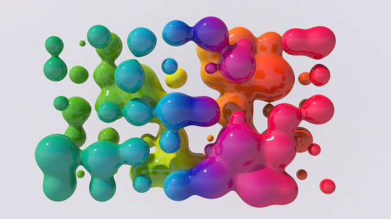 Rainbow liquid balls. Abstract illustration, 3d rendering.