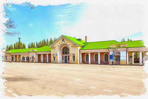 The building of the railway station on the station square of the city. Oil paint on canvas. Picture with photo, imitation of painting. Rendering