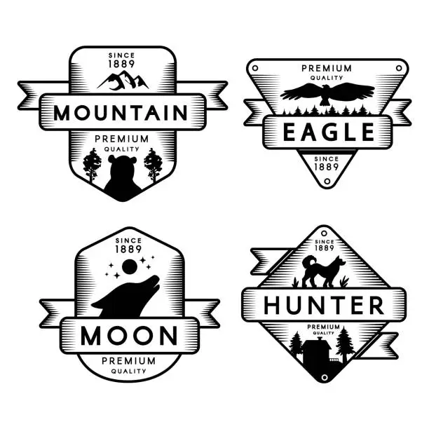 Vector illustration of Wild Eagle and Hunter, Moon and Mountain Set Logo