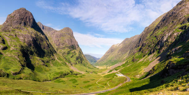 Glencoe, Scotland A view from a hillside path along Glencoe, looking North with the Aonach Eagach ridge to the right. glencoe scotland photos stock pictures, royalty-free photos & images