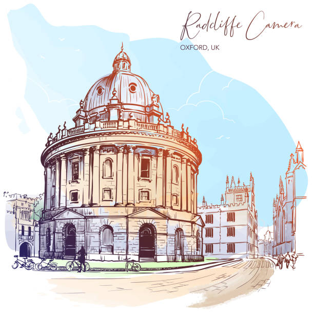 Radcliffe Camera. Westminster, London, UK. Excellent example of the Palladian architecture. Radcliffe Camera. Westminster, London, UK. Excellent example of the Palladian architecture. Vintage design. Watercolor painted sketch. EPS10 vector illustration radcliffe camera stock illustrations