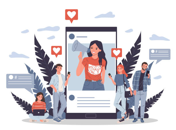 ilustrações, clipart, desenhos animados e ícones de blogueiro promovendo bens e serviços para seguidores online - role model