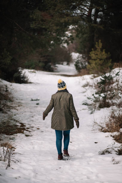 istock Lonely woman walking on snowy winter road 1209917113