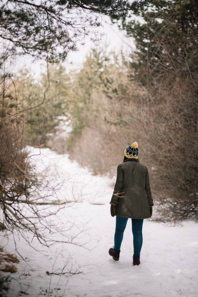 istock Explorer woman walking alone on snowy road 1209917180