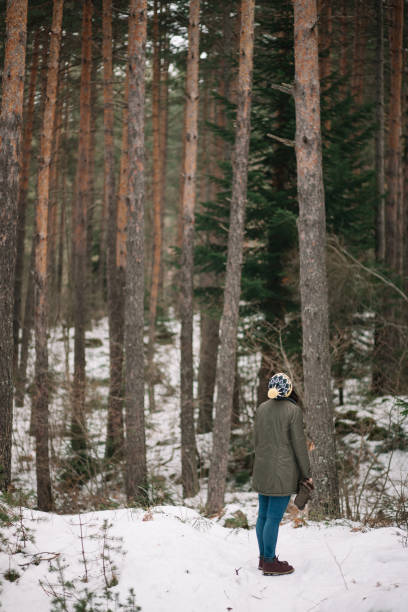 istock Girl standing between big trees in snowy forest 1209918400