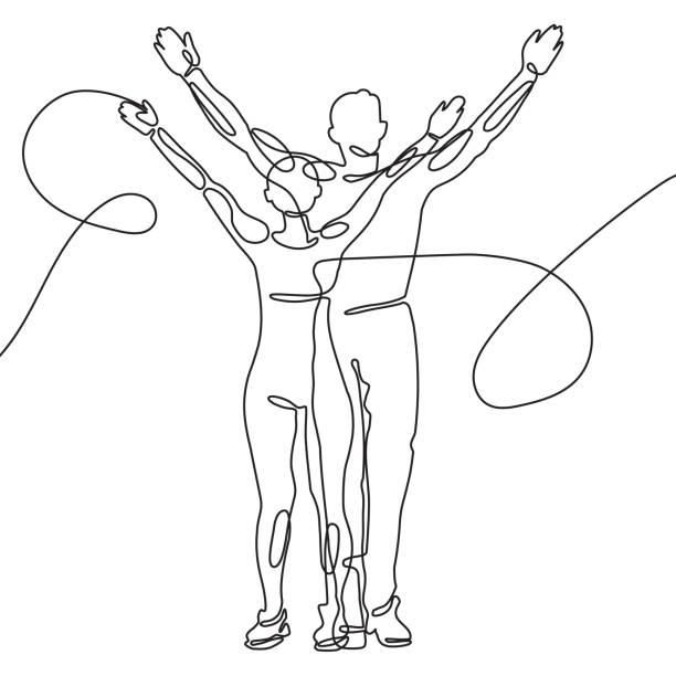 one line drawing. man and woman stand together one line drawing. man and woman stand together greeting with their hands up. Sports victory. The concept of luck success. editable vector drawing acrobatic gymnastics stock illustrations