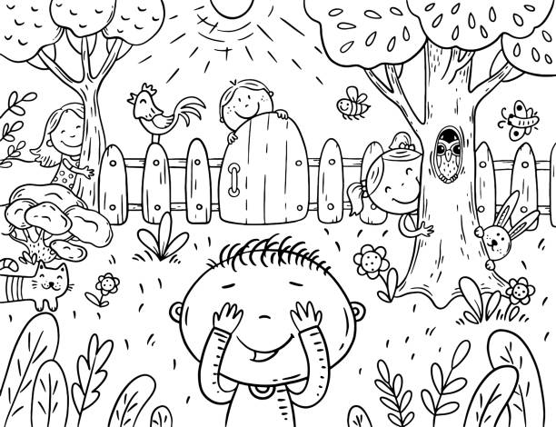 Cartoon children playing hide and seek in the garden, coloring page vector art illustration