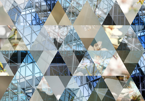 Abstract triangle mosaic background: Nature and urban architecture, contrast, alternative energy city concept