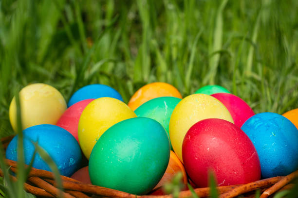 Colored eggs close-up, front view, Copy space, place for text.