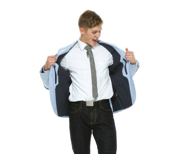 hombre de negocios de adolescentes caucásicos frente al fondo blanco con blazer - thank you excitement waist up horizontal fotografías e imágenes de stock