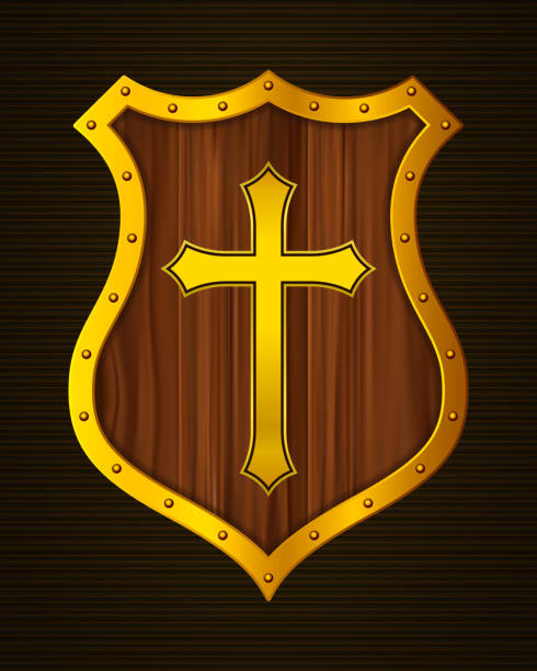 ilustrações de stock, clip art, desenhos animados e ícones de golden christian cross and shield of faith. church logo. religious symbol. creative christian icon. protection, safety, security sign. gold shield with cartoon wooden texture - cross cross shape shiny gold