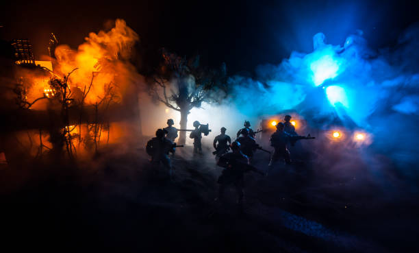 war concept. battle scene on war fog sky background, fighting silhouettes below cloudy skyline at night. - car individuality military 4x4 imagens e fotografias de stock