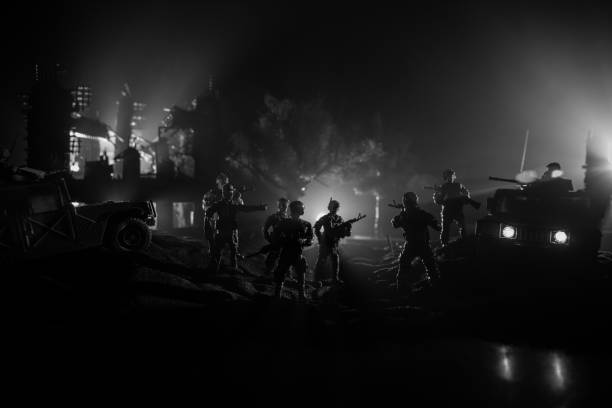 war concept. battle scene on war fog sky background, fighting silhouettes below cloudy skyline at night. - car individuality military 4x4 imagens e fotografias de stock