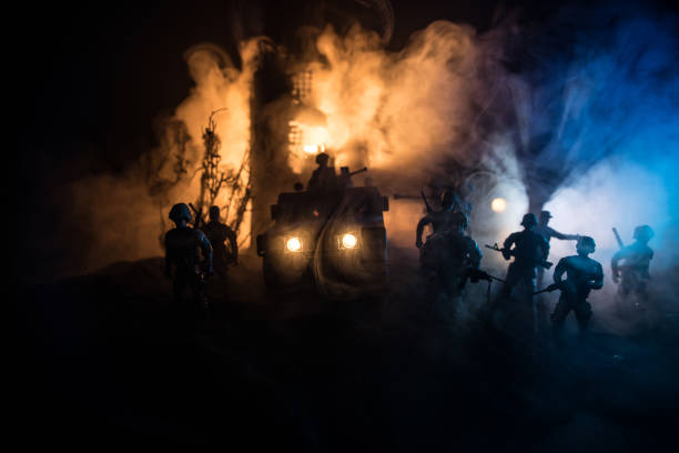 war concept. battle scene on war fog sky background, fighting silhouettes below cloudy skyline at night. - car individuality military 4x4 imagens e fotografias de stock