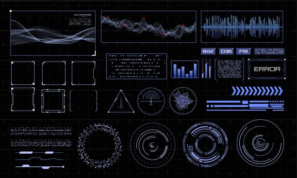 HUD futuristic interface. Hitech display with infographic elements. Dashboard with chart, diagram, line, graphic and data. HUD futuristic interface. Hitech display with infographic elements. Dashboard with chart, diagram, line, graphic and data. hud stock illustrations