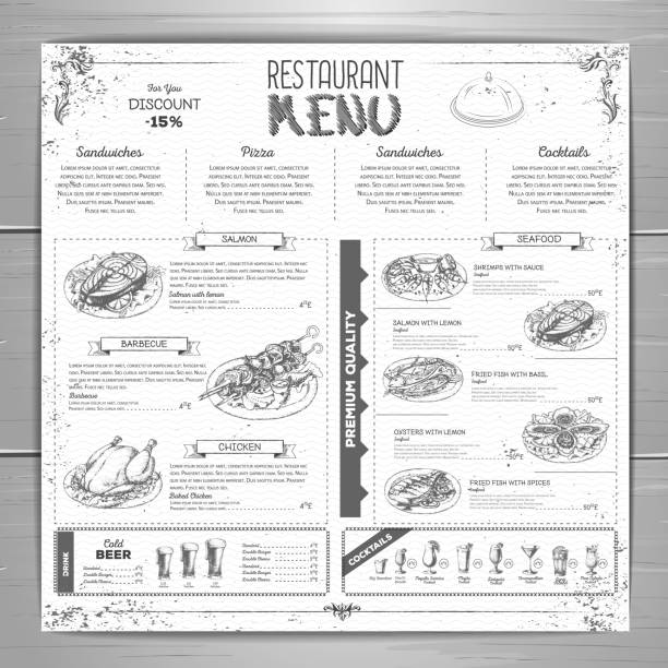 ilustraciones, imágenes clip art, dibujos animados e iconos de stock de diseño de menú de restaurante dibujado a mano - shrimp cocktail