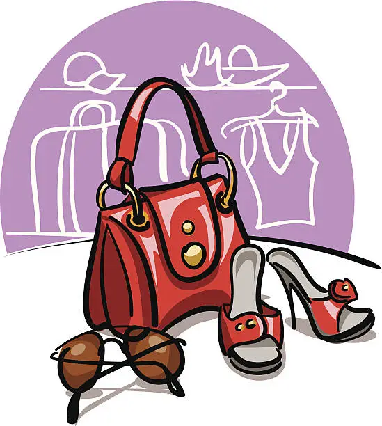 Vector illustration of female handbag, shoes and sunglasses