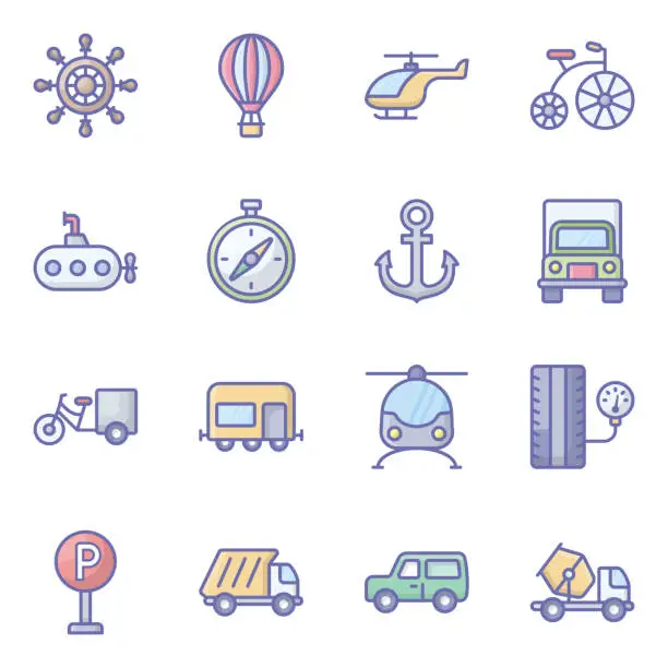 Vector illustration of Transportation Accessories Flat Icons Pack