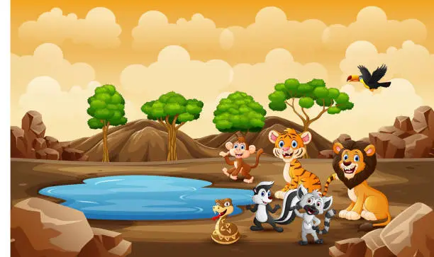 Vector illustration of Scene with wild animals in the savanna field