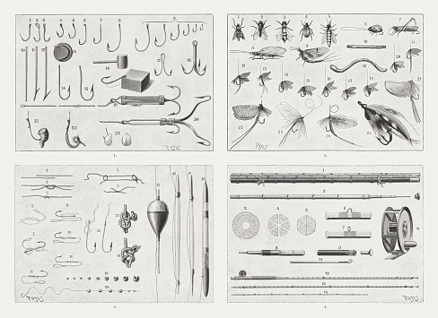 Fishing equipment for non-predatory fish: 1) Different fish hooks; 2) Artificial fishing baits; 3) 1-14. fishing knots, 15-18. floats, 19 and 20. plummet; 4) Fishing rods. Wood engravings after drawings by Louis Poyet (French illustrator and engraver, 1846 - 1913), published in 1895.