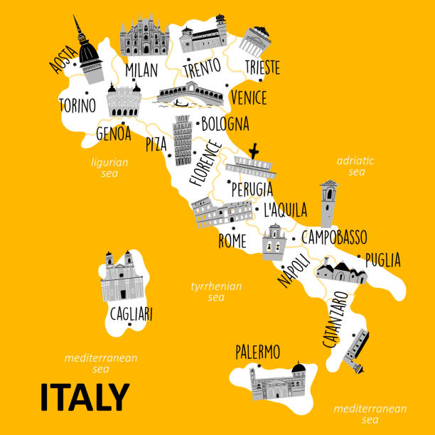 stockillustraties, clipart, cartoons en iconen met gestileerde kaart van italië met belangrijke attracties en bezienswaardigheden. vectorillustratie. - italy