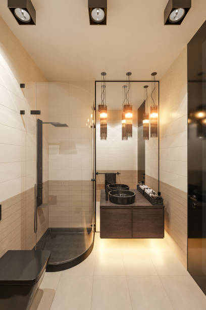 istock 3d render interior design of the bathroom with a corner shower 1209933492