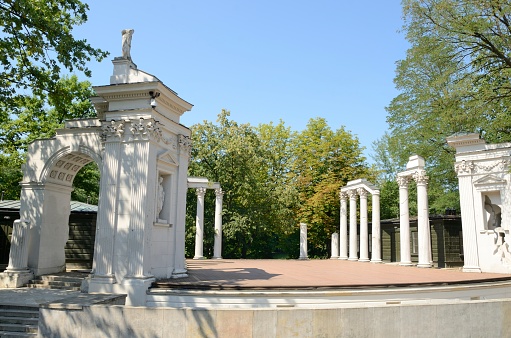 Alfonso XII Monument and lake in the Buen Retiro Park (Parque del Buen Retiro) in spring in Madrid, Spain