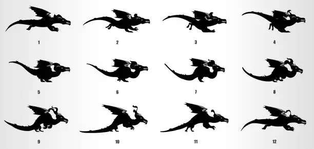 Vector illustration of Dragon Run cycle animation frames, loop animation sequence sprite sheet