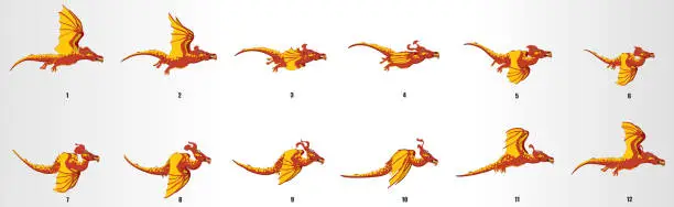 Vector illustration of Dragon Run cycle animation frames, loop animation sequence sprite sheet