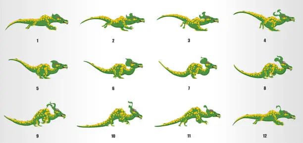 Vector illustration of Dragon Run cycle animation frames, loop animation sequence sprite sheet