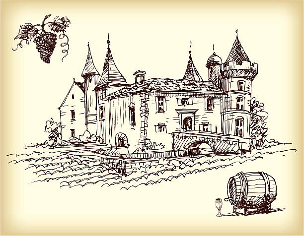 Winery Items With A Vineyard On Sepia vector art illustration