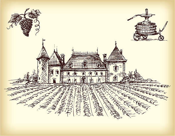 Winery Items With A Vineyard On Sepia vector art illustration