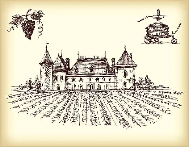 Vector illustration of Winery Items With A Vineyard On Sepia