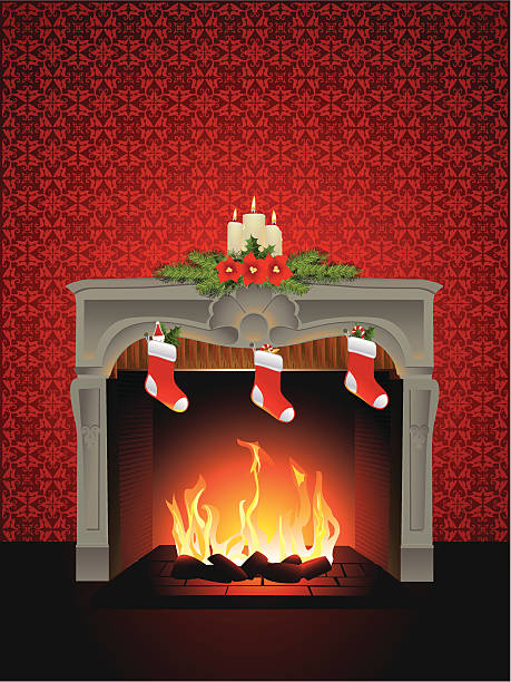 Christmas room with fireplace vector art illustration