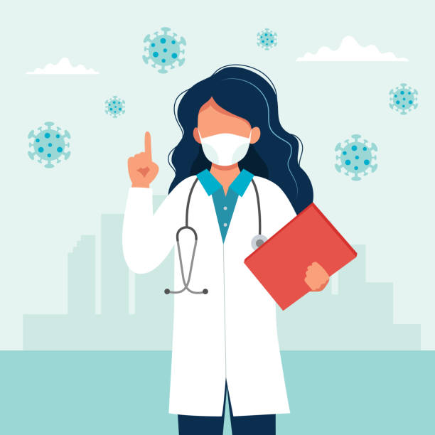 Female doctor wearing a medical mask. Coronavirus COVID-19 prevention concept. Vector illustration in flat style Vector illustration in flat style covid mask cartoon stock illustrations