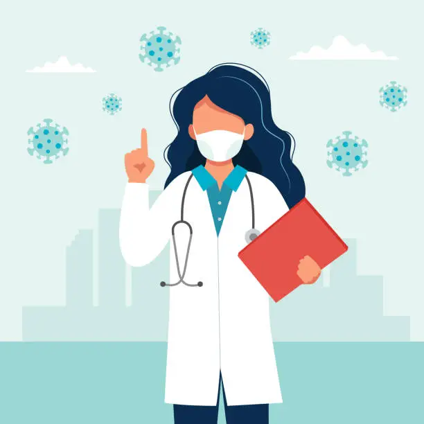 Vector illustration of Female doctor wearing a medical mask. Coronavirus COVID-19 prevention concept. Vector illustration in flat style