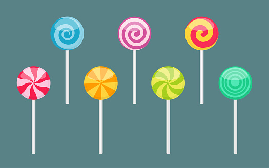 Set of lollipop sweet colorful candies with various spiral and ray patterns. Vector illustration isolated on plain background