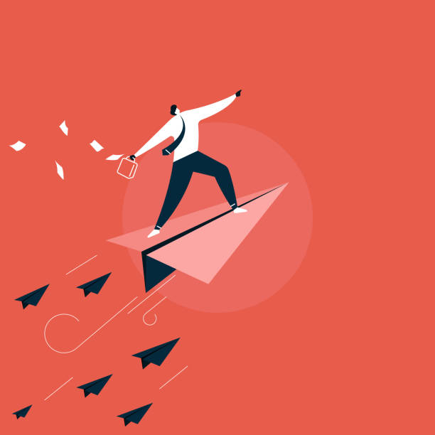 stockillustraties, clipart, cartoons en iconen met nieuwe startup, zakenman in business suit standing on paper plane flying up vector, groei en voortgangconcept - groei illustraties