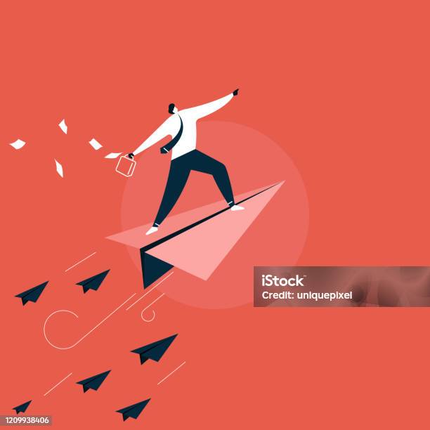 New Startup Businessman In Business Suit Standing On Paper Plane Flying Up Vector Growth And Progress Concept Stock Illustration - Download Image Now