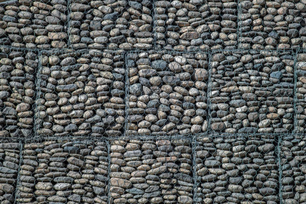 Texture gabion structure of stone in a metal mesh