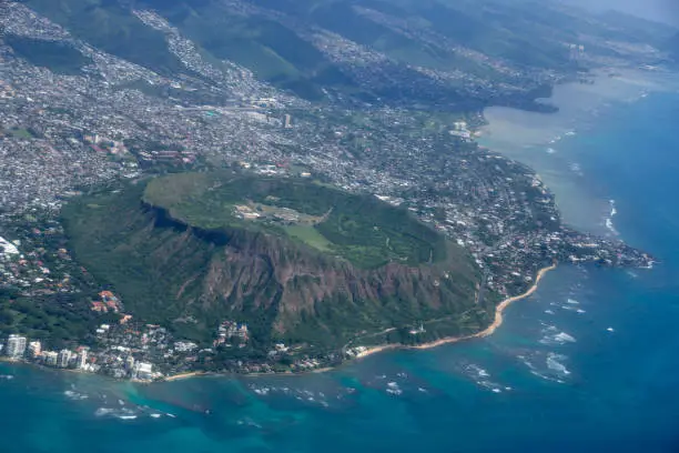 Aerial view of Diamondhead Crater, Gold Coast, Kapahulu, Kahala, Pacific ocean on Oahu, Hawaii.
