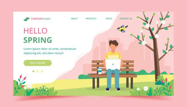 Vector illustration of Man with laptop sitting on the bench and spring landscape. Landing page template. Cute vector illustration in flat style.