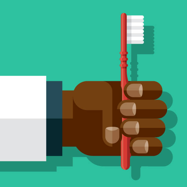 Hand Holding Toothbrush A flat design hand icon holding an object. File is built in the CMYK color space for optimal printing. Color swatches are global so it’s easy to change colors across the document. black man brushing teeth stock illustrations