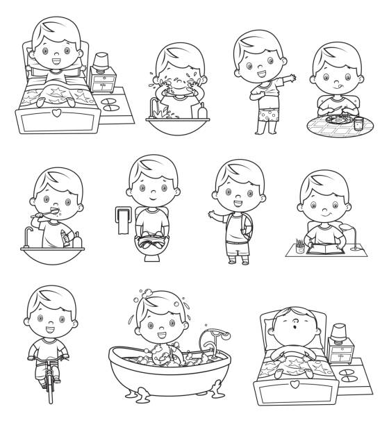Black and White, kids daily routine activities Vector Black and White, kids daily routine activities black boy brushing teeth stock illustrations
